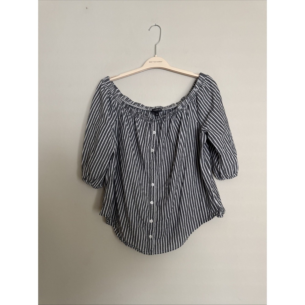 Torrid Top Womens 1 1X Black White Striped‎ Blouse Elastic Waist Modesty Snap